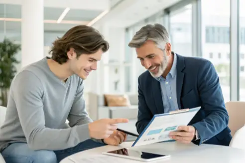 Conseiller discutant avec une personne souhaitant vendre son véhicule pour un service personnalisé