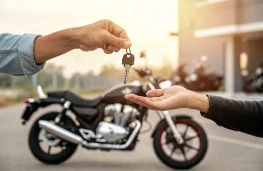 Remise de clés entre deux personnes avec une moto en arrière-plan, illustrant la simplicité du rachat de motos.