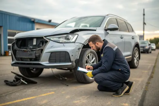 Réparateur travaillant sur un véhicule accidenté, illustrant le rachat de véhicules accidentés.